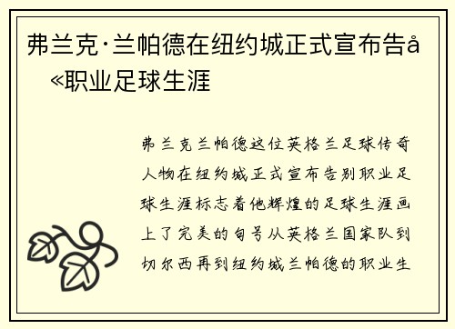 弗兰克·兰帕德在纽约城正式宣布告别职业足球生涯