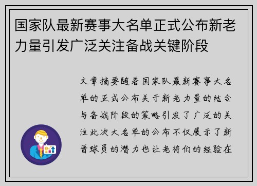国家队最新赛事大名单正式公布新老力量引发广泛关注备战关键阶段 国家队最新赛事大名单正式公布新老力量引发广泛关注备战关键阶段